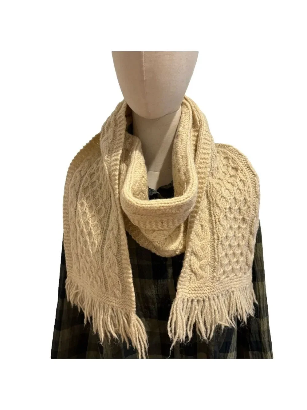 VTG HAND WOOL KNIT HONEY COMB CABLE KNIT CREAM SCARF LAGENLOOK 10”W X 67”L
